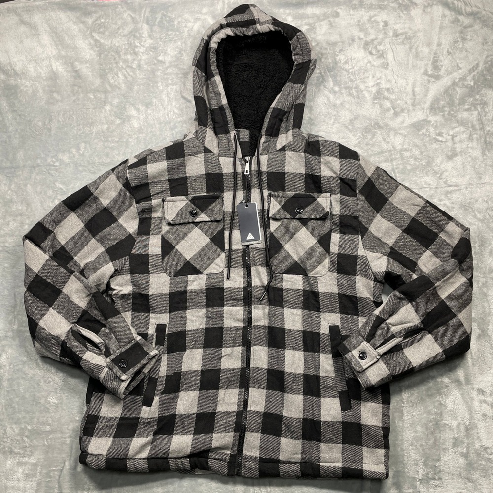 Zity Sports Group‎ Sherpa Lined Hooded Gray Black Plaid Jacket Shirt Size XL